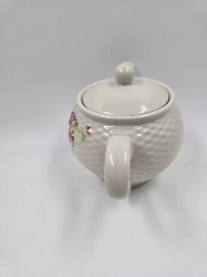 Vintage A Teleflora Gift 1985 Basket Weave Ceramic Tea Pot Pink Floral