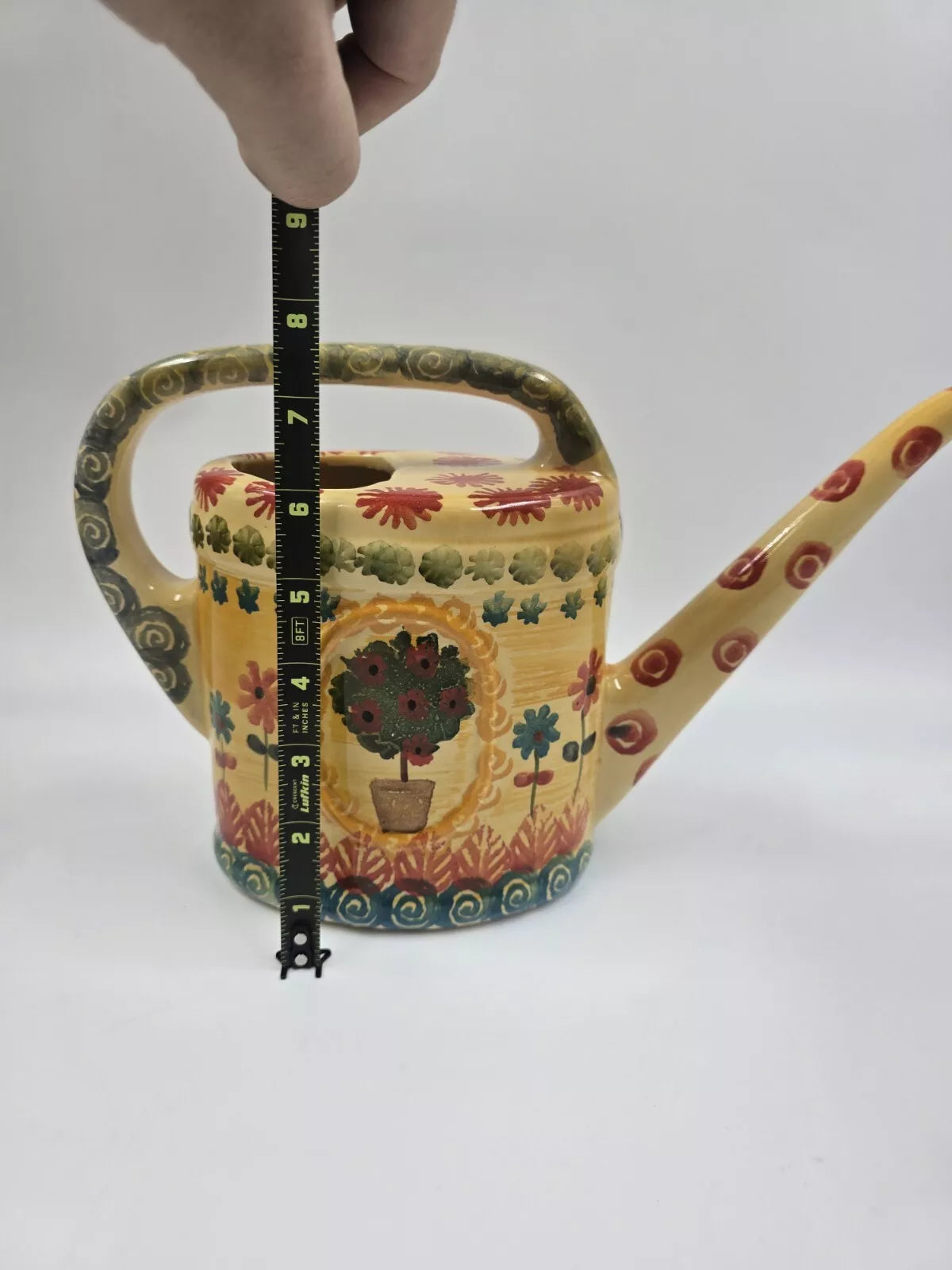 Hand Painted Italian Ceramic Watering Can Yellow Orange Blue Floral Motif