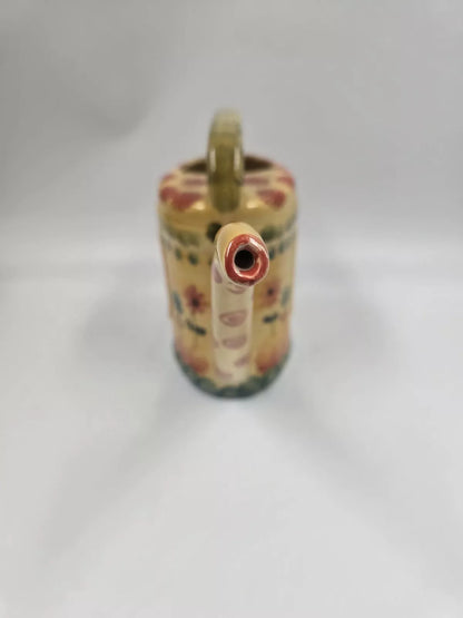 Hand Painted Italian Ceramic Watering Can Yellow Orange Blue Floral Motif