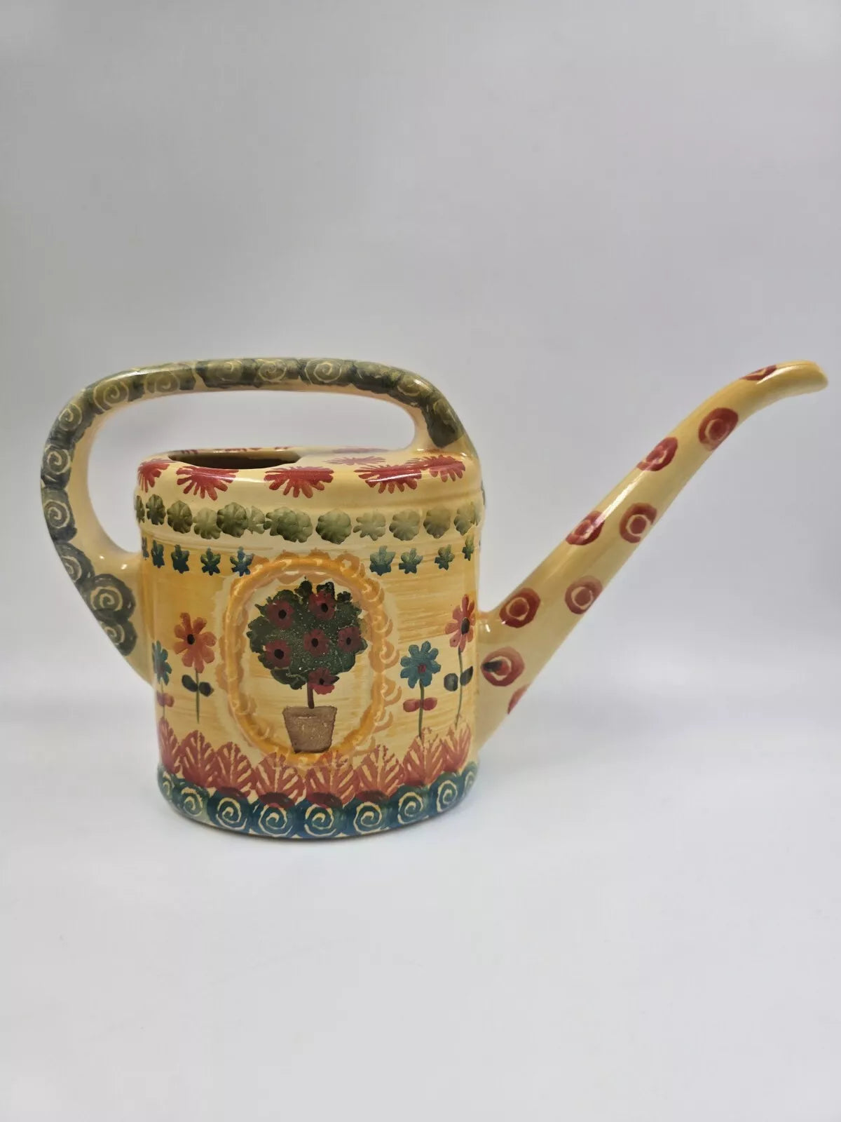 Hand Painted Italian Ceramic Watering Can Yellow Orange Blue Floral Motif