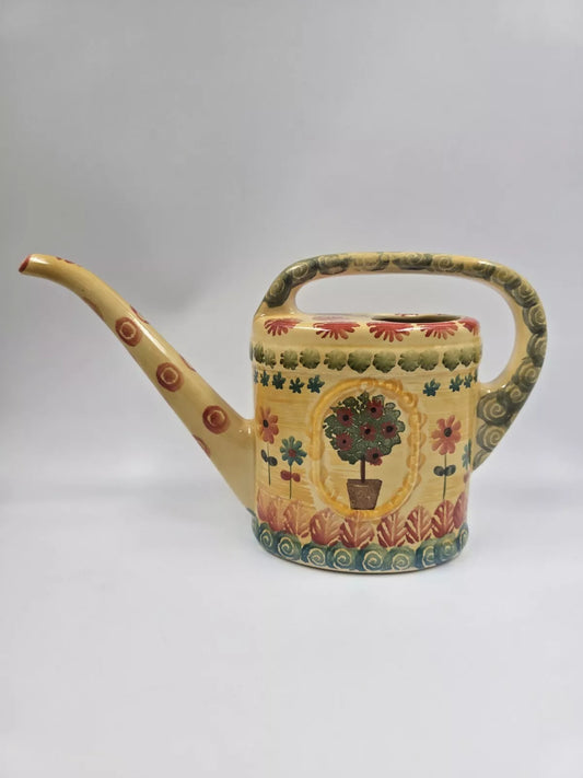 Hand Painted Italian Ceramic Watering Can Yellow Orange Blue Floral Motif