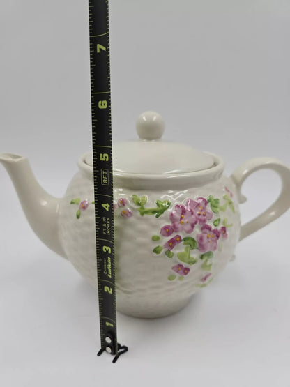 Vintage A Teleflora Gift 1985 Basket Weave Ceramic Tea Pot Pink Floral