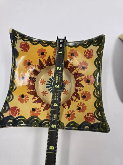 Italian Pottery Square Candle Holder Multicolor Floral Hand Painted Set of 2