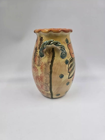 Vintage Italian Italy Vase Hand Painted Fluted Edge 7.5" Tall Leaf/Floral