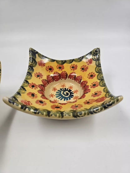 Italian Pottery Square Candle Holder Multicolor Floral Hand Painted Set of 2