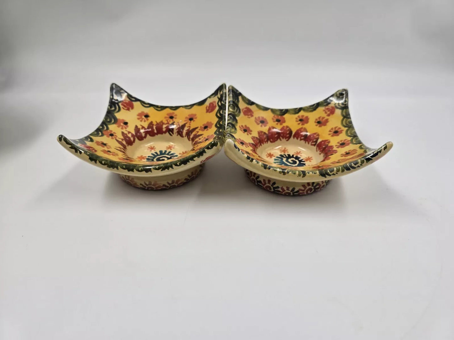 Italian Pottery Square Candle Holder Multicolor Floral Hand Painted Set of 2