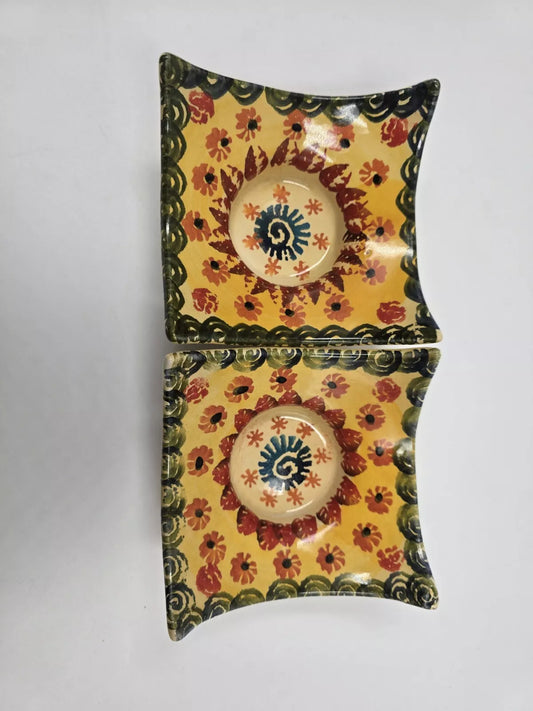 Italian Pottery Square Candle Holder Multicolor Floral Hand Painted Set of 2