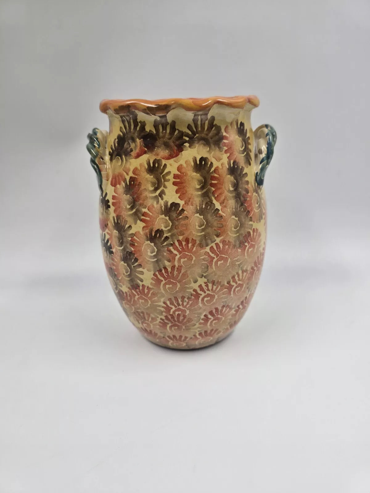 Vintage Italian Italy Vase Hand Painted Fluted Edge 7.5" Tall Leaf/Floral