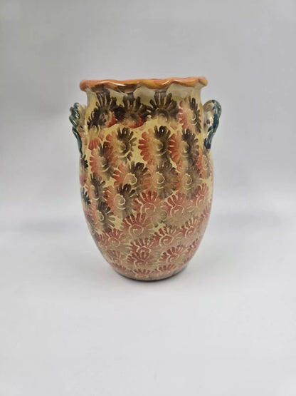 Vintage Italian Italy Vase Hand Painted Fluted Edge 7.5" Tall Leaf/Floral