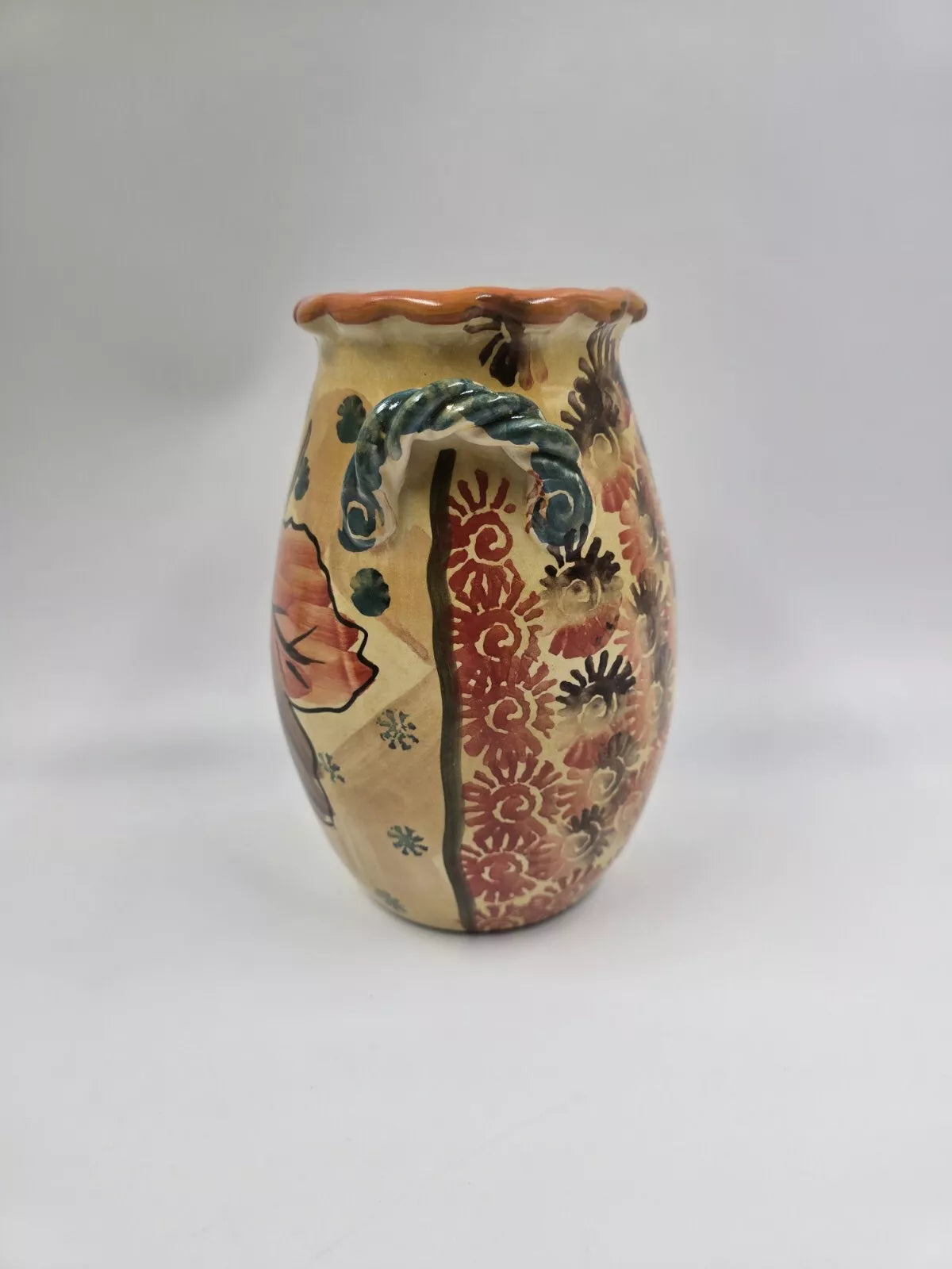 Vintage Italian Italy Vase Hand Painted Fluted Edge 7.5" Tall Leaf/Floral