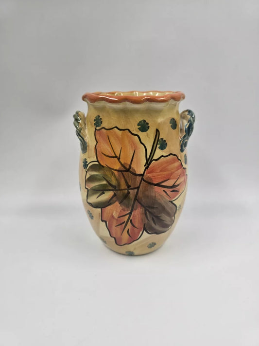 Vintage Italian Italy Vase Hand Painted Fluted Edge 7.5" Tall Leaf/Floral