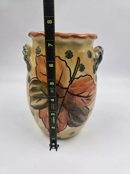 Vintage Italian Italy Vase Hand Painted Fluted Edge 7.5" Tall Leaf/Floral